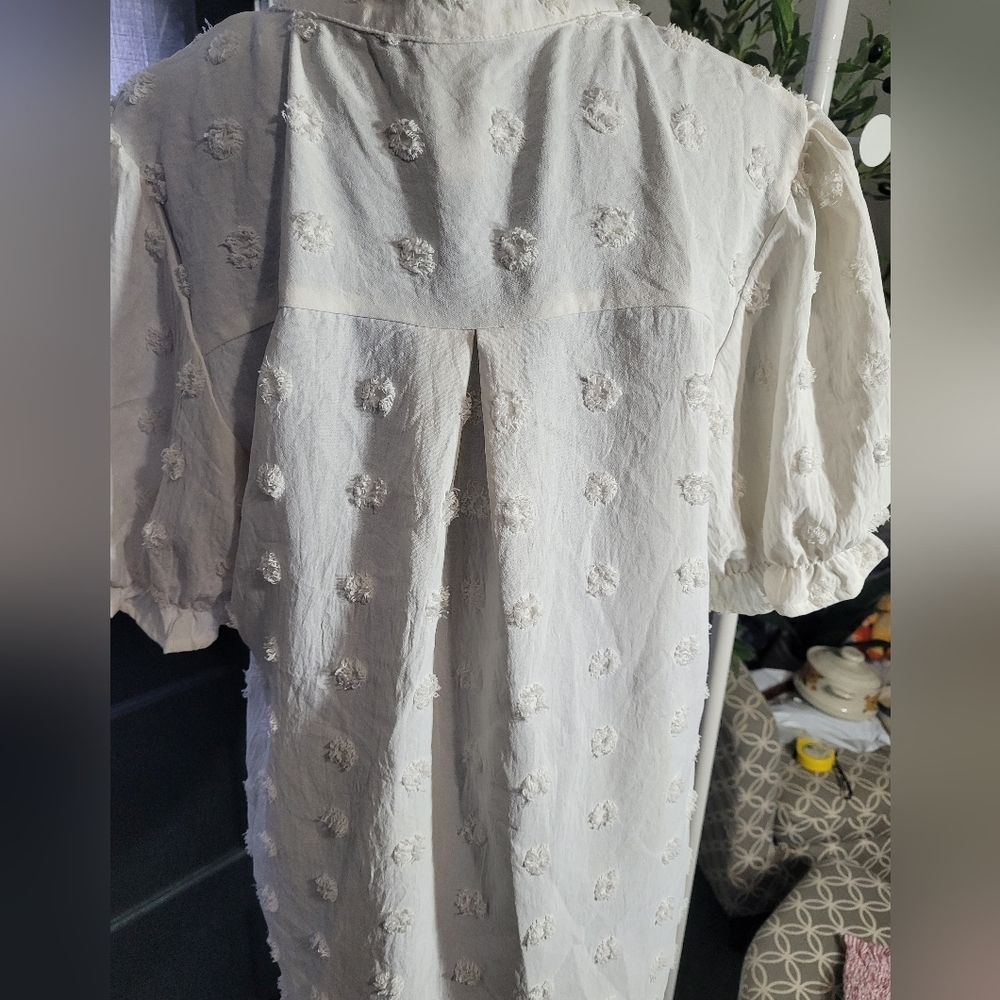 Ruffle Short Puff Sleeve Swiss Dot Top Blouse Large - Picture 3 of 4
